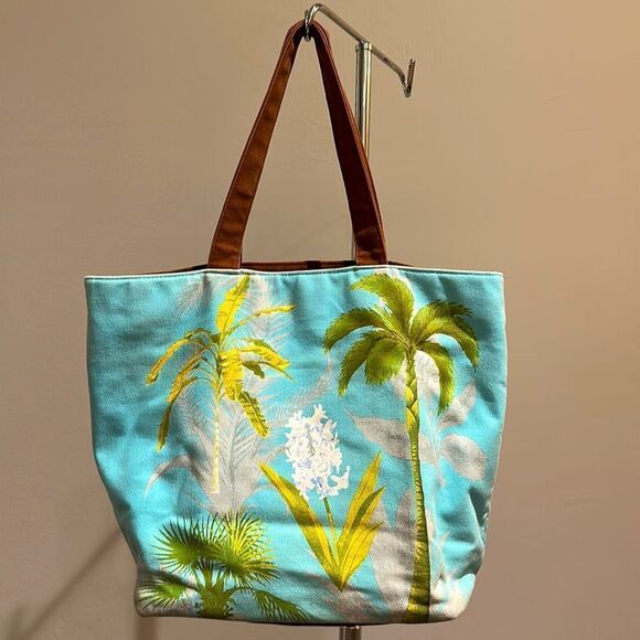 Bath and Body Works Vintage Y2K Palm Floral Print Canvas Tote Green & Blue - Picture 2 of 7